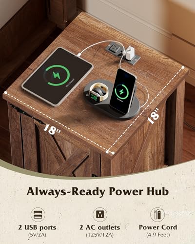 WLIVE Farmhouse Nightstand with Charging Station, Rustic Brown End Table with Barn Door and Adjustable Storage Shelf, 18" Modern Wood Night Stand Bedside Table for Bedroom - color: Rustic Brown