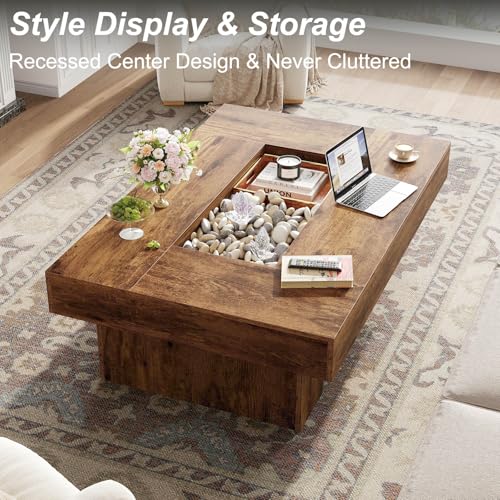 LVB Rustic Coffee Table, Large Wood Living Room Table with Storage, Modern Long Rectangle Led Center Table, Farmhouse Unique Low Wide Tea Table with LED Light for Home Office, 47.24 in, Rustic Brown - color: Rustic Brown