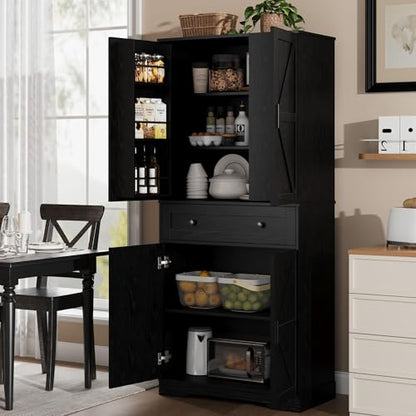 Garvee 71" Kitchen Pantry Cabinet, Barn Door Freestanding Cupboard with Drawer, Sliding Storage Rack, and 6 Hanging Shelves for Kitchen, Dining Room, Living Room Bedroom - color: Black