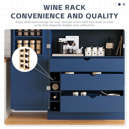 Merax 77'' Tall Freestanding Kitchen Pantry, 35''Lx17.7''W Modern Shaker Style Cupboard Storage Cabinet with Adjustable Shelves,Door Shelves, Drawers and Wine Racks, Blue - color: Blue