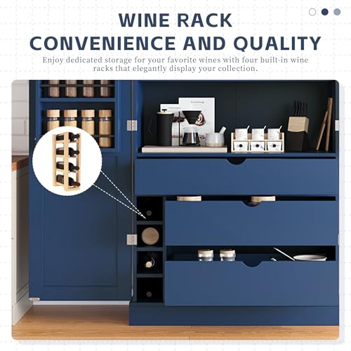 Polibi 77" Tall Freestanding Kitchen Pantry Cabinet, 35" L x 17.7" W Modern Shaker Style Storage Cupboard with Adjustable Shelves, Wine Racks, Drawers, Door Shelves, Blue - color: Blue