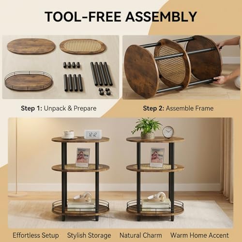 Small Rattan Side Table with Storage, 3 Tier Round/Oval End Table with Rattan Shelf, Boho Nightstand, Tool Free Assembly/Screw-Hole Free Tabletop-Living Room Bedroom-Brown - color: Brown-rattan, size: 1PC