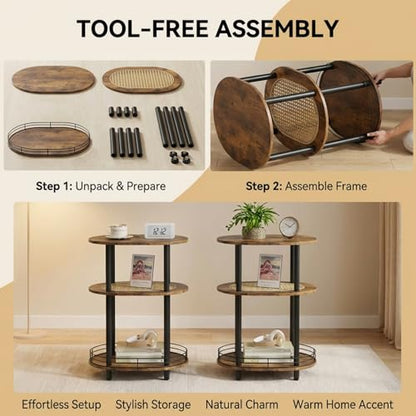 Small Rattan Side Table with Storage, 3 Tier Round/Oval End Table with Rattan Shelf, Boho Nightstand, Tool Free Assembly/Screw-Hole Free Tabletop-Living Room Bedroom-Brown - color: Brown-rattan, size: 1PC