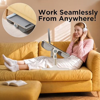 FoldWise 2-in-1 Lap & Bed Desk with Soft Cushions - Adjustable Height & Angle, Foldable Laptop Stand for Bed & Couch - Wrist Rest, iPad Holder, Stopper & Non-Slip Leather - Bed Table for Adults & Kids - color: Gray