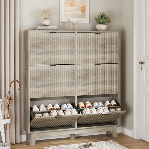 Xixini Shoe Cabinet with 6 Flip Drawers, 54" Tall Narrow Fluted Shoe Storage Organizer for Entryway, Hidden Slim Wooden Shoe Rack Cabinet for Front Door Entrance, Hallway, Living Room, Light Grey - color: Light Grey, size: 6 Flip Drawers