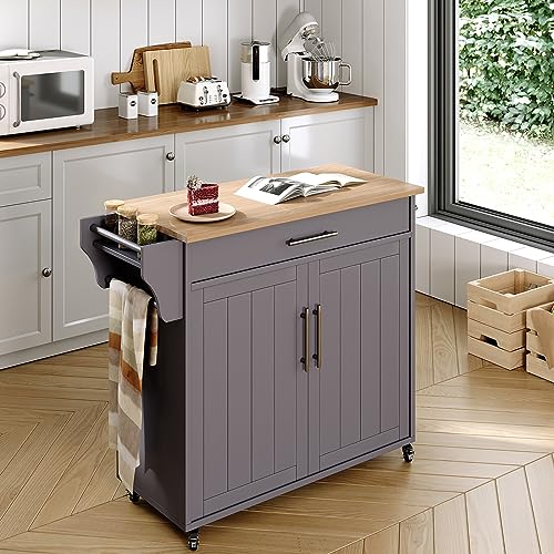 Wood Kitchen Island with Storage, Wooden Rolling Kitchen Island On Wheels with Countertop, Mobile Kitchen Island Cart with Towel Rack, Spice Rack, Adjustable Shelf and Drawers, Grey - color: Grey