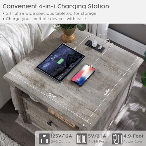 T4TREAM 24" Farmhouse Nightstands with 2 Drawers, Light Rustic Oak | 4 Solid Wood Feet, Charging Station, Tall Rustic Wood Square, Sofa Side Table, Living Room, Bedroom - color: Light Rustic Oak