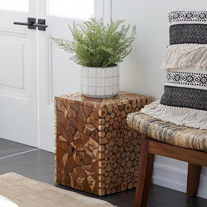 Deco 79 Teak Wood Handmade Side End Accent Table End Table with Mosaic Wood Chip Design, Side Table 14" x 14" x 18", Brown - color: Brown, size: 14" x 14" x 18.05"