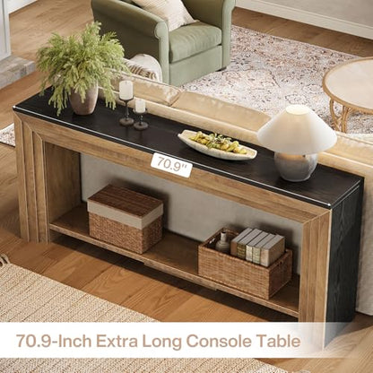 Tribesigns 70.9 Inch Narrow Console Table, Farmhouse 2-Tier Wooden Sofa Table with Storage, Space-Saving Behind Couch Accent Table for Living Room, Entryway, Hallway and Foyer - color: Natural & Black