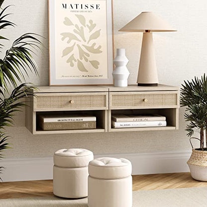 Nathan James Jackson Wall Mounted Rattan Floating Bedroom Nightstand with Storage Drawer and Modern Open Shelf Cubby, Light Oak/Rattan - color: Light Oak/Rattan, size: 1