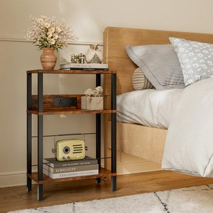 DGSANDGO Narrow Side Table (Rustic Brown) - Nightstand with Charging Station (2 USB + 1 AC Outlet), 3-Tier End Table for Balcony/Kid's Room/Bedroom - color: Rustic Brown, size: Drawer Wide-24.4"H 1 PC