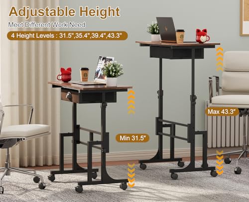 Adjustable Height Standing Desk With Drawer, Rolling Sit Stand Up Desk With Wheels, Small Sit To Stand Computer Desk, Adjustable Desktop Height, On Wheels, Brown, For Walking Pad Laptop Treadmill - color: Brown, size: With Drawer
