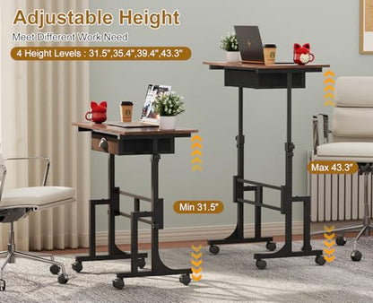 Adjustable Height Standing Desk With Drawer, Rolling Sit Stand Up Desk With Wheels, Small Sit To Stand Computer Desk, Adjustable Desktop Height, On Wheels, Brown, For Walking Pad Laptop Treadmill - color: Brown, size: With Drawer
