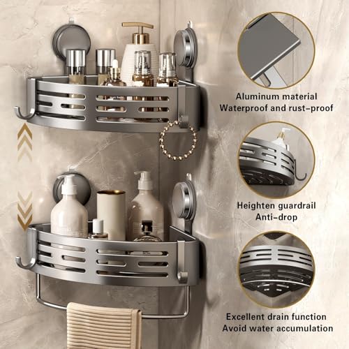 Corner Shower Caddy Suction Cup Shower Shelf Corner No Drilling Bathroom Shower Organizer Storage Rack Adhesive with Towel Bar Hooks (2-Pack,Gray)