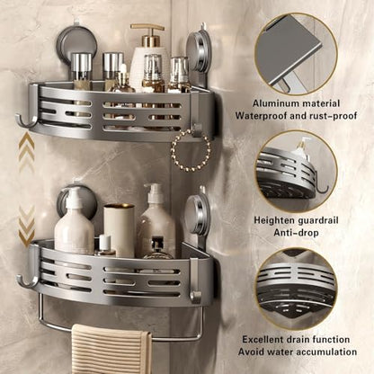 Corner Shower Caddy Suction Cup Shower Shelf Corner No Drilling Bathroom Shower Organizer Storage Rack Adhesive with Towel Bar Hooks (2-Pack,Gray)
