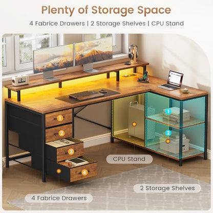 SEDETA L Shaped Desk with 4 Drawers, Shelves, Power Outlets, Rustic Brown | L Shaped Gaming Desk with LED Lights , Computer Desk with Shelves & Drawer, Corner Desk Home Office Desk - color: Rustic Brown