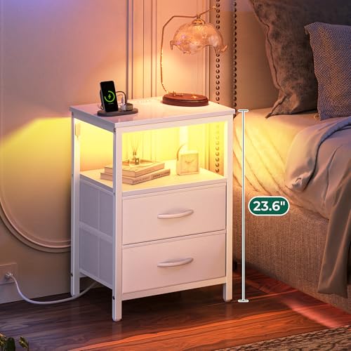 Huuger Night Stand with Charger Station and LED Lights, 2 Drawer Nightstand, Bed Side Table with Open Shelf, End Table, Fabric Dresser for Bedroom, PU Leather, White - color: White, size: 11.8"D x 15.7"W x 23.6"H（2 Drawers）
