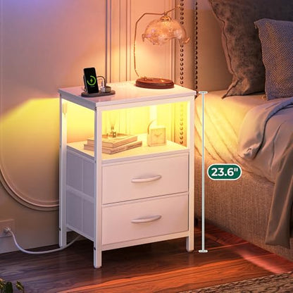 Huuger Night Stand with Charger Station and LED Lights, 2 Drawer Nightstand, Bed Side Table with Open Shelf, End Table, Fabric Dresser for Bedroom, PU Leather, White - color: White, size: 11.8"D x 15.7"W x 23.6"H（2 Drawers）