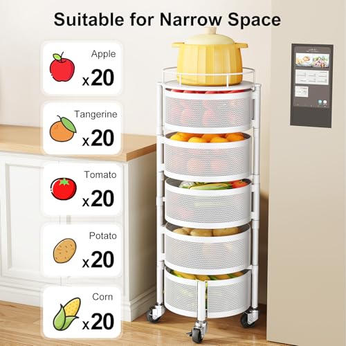 SAYZH Fruit Vegetable Basket for Kitchen, Rotating Storage Rack, 5 Tier Rolling Cart with top lid, Large Metal Wire Wheels (White) - color: White