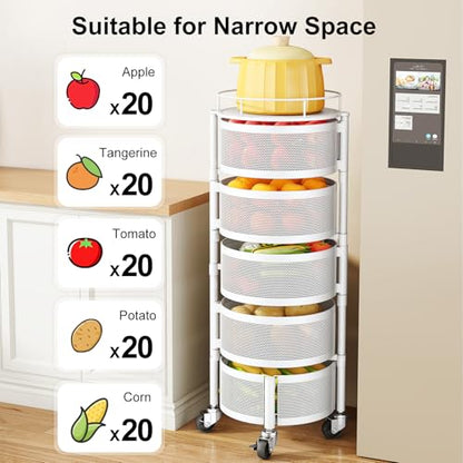 SAYZH Fruit Vegetable Basket for Kitchen, Rotating Storage Rack, 5 Tier Rolling Cart with top lid, Large Metal Wire Wheels (White) - color: White