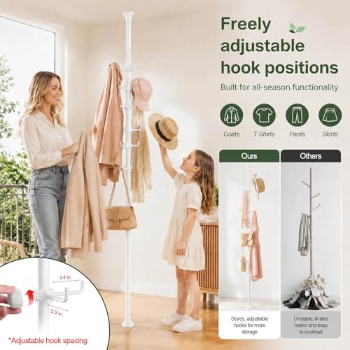 Coat Rack Freestanding, 56 to 125 inch Adjustable Tension Rod Coat Tree with 12 Hooks for Hanging Plant,Coat, Jacket, Hat, Scarf, Suitable for Living Room, Balcony, Kitchen White - color: White