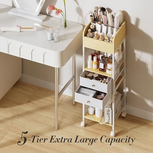 TidyStash Rolling Cart with Drawers 4-Tier Storage Cart with Large Drawers, Heavy-Duty Steel Frame and Wood Shelves Organizer for Makeup, Skincare Bathroom Kitchen Dorm Vanity Home Supplies - style: Tall - Double Drawer