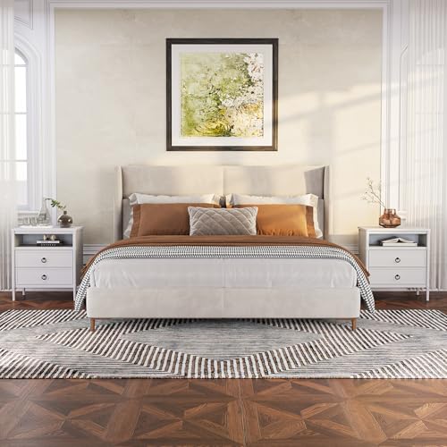 Nightstand, Mid Century Modern Night Stand with 2 Drawers and Open Shelf, Beside Table with Distressed Ring Handle for Bedroom,End Table (1, White) - color: White