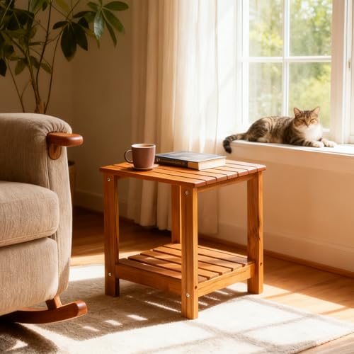 Utoplike Teak Side Table Outdoor, Patio End Table Double Layer for Garden | Wooden Coffee Accent Tables for Backyard, Pool, Bed, Living Room, Couch, Two-Tier - size: 2-Tier