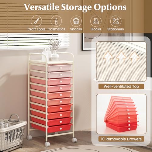 DREAMADE Rolling Cart with Storage Drawers, Utility Cart with Removable Plastic Drawers, Lockable Wheels, Art Cart for Classroom Organization Art Supplies Office Scrapbook (10 Drawers, Mixed-pink) - color: Mixed-pink, style: 10 Drawers