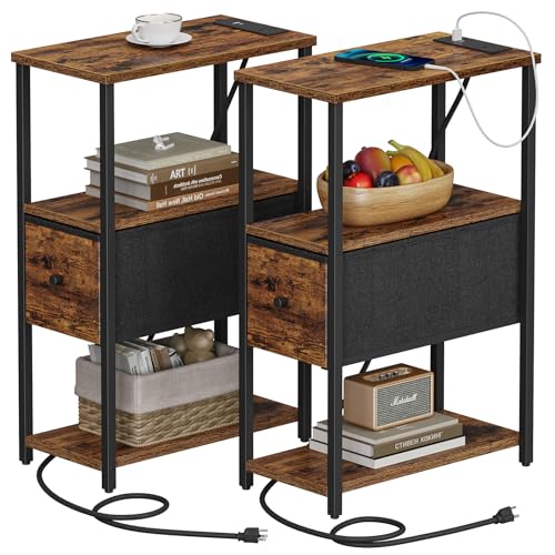 TUTOTAK Set of 2 Small Narrow End Table with Charging Station, Side Table with Outlets, Nightstand with Cloth Drawer, Couch Table, for Living Room, Bedroom, Bedside, Brown TB01BB058 - color: Brown, style: 1 Drawer & Plug