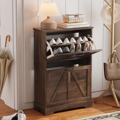 Semiocthome Farmhouse Shoe Storage Cabinet with 2 Flip Drawers, 23.6"(W) Freestanding Shoe Organizer with Barn Door and Metal Handles for Entryway, Corner Rustic Narrow Shoe Rack Cabinet - Walnut - color: Walnut, size: 23.6"W