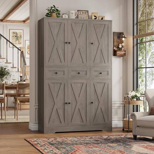 HOSTACK Farmhouse Kitchen Pantry Storage Cabinet with 3 Drawers, Ash Gray | 67"H Large Food Pantry Cabinet with Swing-Out Door Rack & Adjustable Shelf for Kitchen, Dining room, Living room - color: Ash Gray