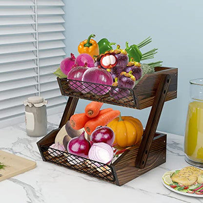 Dorhors Fruit Basket for Kitchen,Fruit Bowl,Kitchen Counter Organizer,Wooden Vegetable Holder for Countertop,Bread Storage Basket Stand(2 Tier) - size: 2 Tier