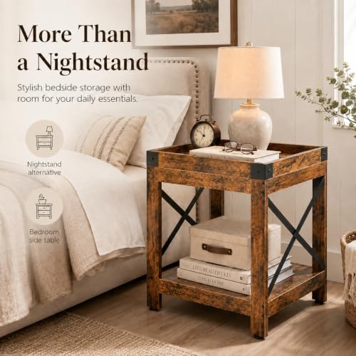 Farmhouse Square Side Table,2-Tier End Table with Storage Shelf | Modern Sofa Couch Table Bedside Nightstand With X-Frame for Living Room Bedroom Office Small spaces,Rustic Brown - color: Rustic Brown, style: Farmhouse