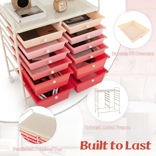 Moccha 12-Drawer Rolling Storage Cart - Utility Cart on Wheels with Lockable Casters for Craft Art Supply Paper Salon, Mobile Drawer Carts for Classroom Teacher School Office (Gradient Pink) - color: Gradient Pink, style: 12 Drawers