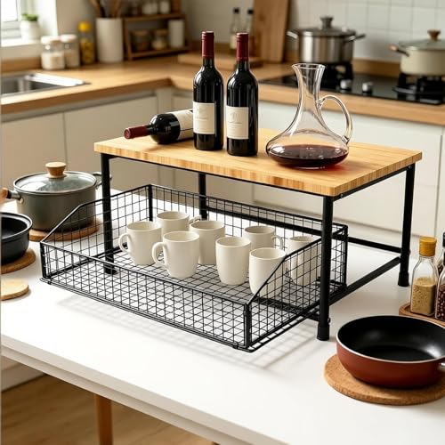 Microwave Stand, Kitchen Counter Top Organizer (Black) | kitchen Shelf Duty Stand , with Bottom Foldable Storage Basket, Small Storage Microwave Shelf - color: Black