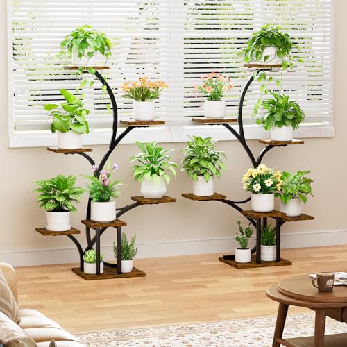 Plant Stand Indoor with Grow Lights - 2 Pack Plant Shelf, 7 Tier Lighted Corner Plant Stands for Indoor Growing, 40" Metal Flower Holder, Tree-Shaped Display Shelves with Adjustable Light, Black