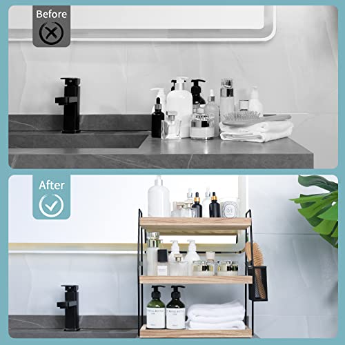 Bathroom Counter Organizer, 3-Tier Standing Storage Shelf with Basket, Wood Tray for Skincare Vanity Organizer - style: 3 Tier Brown