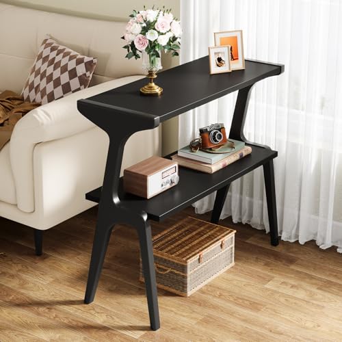 Tribesigns 2-Tier Solid Wood Side Table, Modern Black End Table with Storage Shelves, Tall Slim Side Table for Couch with Unique Legs, Long Bedside Table for Bedroom, Living Room - color: Black