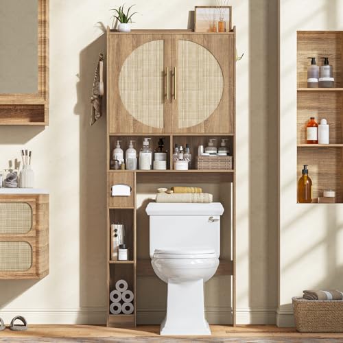 Vabches Farmhouse Oak Over The Toilet Storage Cabinet with 2 Rattan Doors | Toilet Rack with Adjustable Shelf,Space Saving Bathroom Organizer with Toilet Paper Holder Stand for Restroom, Laundry - color: Oak