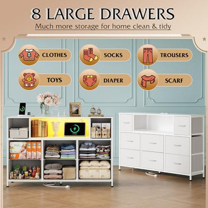 WLIVE White Dresser TV Stand for 45, 50, 55 inch TV, Entertainment Center with LED Lights & Charging Station, Chest of Drawers with 8 Fabric Drawers and Open Shelves for Living Room, Hallway, Wood Top - color: White