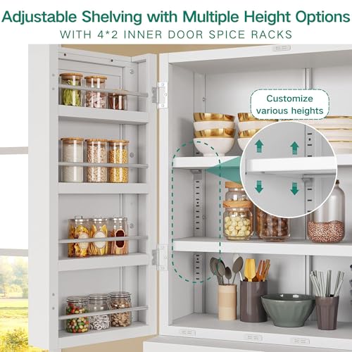 YITAHOME 71" Metal Pantry Cabinet with Drawer, Shelves & Door Racks, White | Tall Freestanding Steel Cupboard with 4 Doors, 8 Racks & Adjustable Shelves for Kitchen and Dining Room
