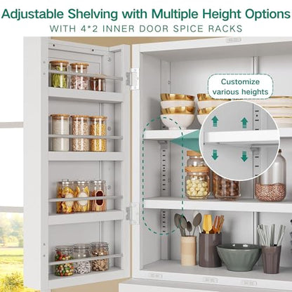 YITAHOME 71" Metal Pantry Cabinet with Drawer, Shelves & Door Racks, White | Tall Freestanding Steel Cupboard with 4 Doors, 8 Racks & Adjustable Shelves for Kitchen and Dining Room