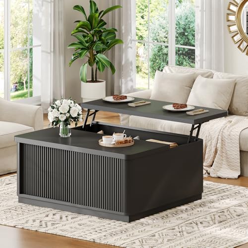 Itaar 39.4'' Lift Top Coffee Table with Storage, Fluted Coffee Tables for Living Room, Square Coffee Table with Large Hidden Compartment & 2 Drawrs & Adjustables Shelves, Black - color: Black