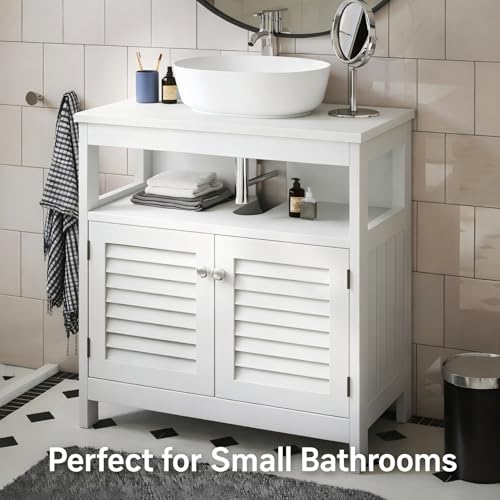 Under Sink Cabinet Pedestal Storage Cabinet with 2 Doors & Open Shelf, U Shape Cut Out Bathroom Vanity Under Sink Storage, Vanities for Toiletries Makeup in Bathrooms (White) - size: Single-story