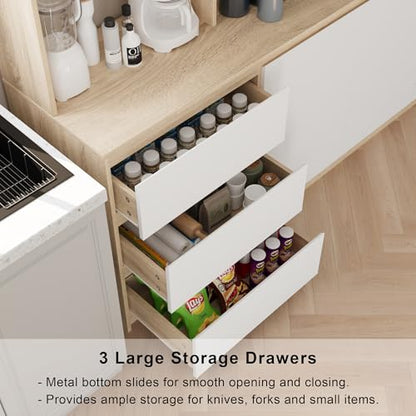 Mekminop Extra Large Kitchen Pantry with Microwave Shelf, Kitchen Hutch Storage Cabinet with Countertop, Freestanding Countertop Cabinet with 3 Drawers and 3 Open Shelves, White + Walnut - color: White + Walnut, size: 82.7" Wide