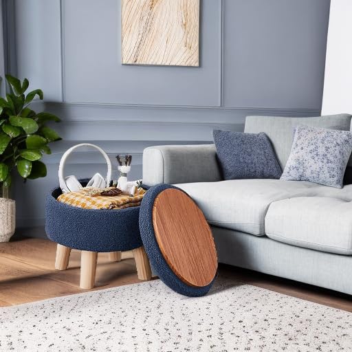 Wimarsbon Storage Ottoman, Modern Round Footrest with Soft Padded Seat, Teddy Velvet Footstool with Wood Legs, Accent Small Table or Plant Stand for Hallway, Living Room (Grey-Blue) - color: Dark Grey Blue