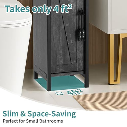 VECELO Small Bathroom Storage Cabinet, Slim Toilet Paper Holder with Shelves & Metal Racks, Organizer Cabinet for Narrow Spaces, Iron Gray, Farmhouse Style