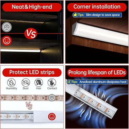 Cefrank V-Shape Under Cabinet LED Lights, 1600LM 8-bar 12in Linkable 6000K | Plug in or Hardwired frosted diffuser 16W aluminum and PC housing kitchen shelf closet display shelf light kit - color: White