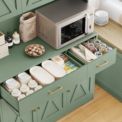 HOSTACK 71" Pantry Cabinet with Charging Station, Tall Kitchen Pantry Storage Cabinet with Microwave Stand, Farmhouse Kitchen Hutch with Storage Drawers for Living Room, Dining Room, Green - color: Green